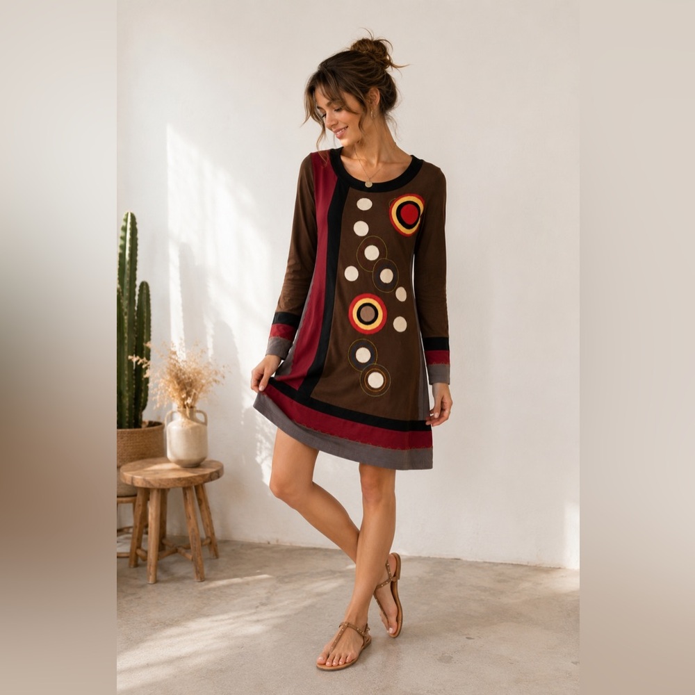 The Collection Royal Long-Sleeve Patchwork Boho Tunic Cotton Dress - Medium